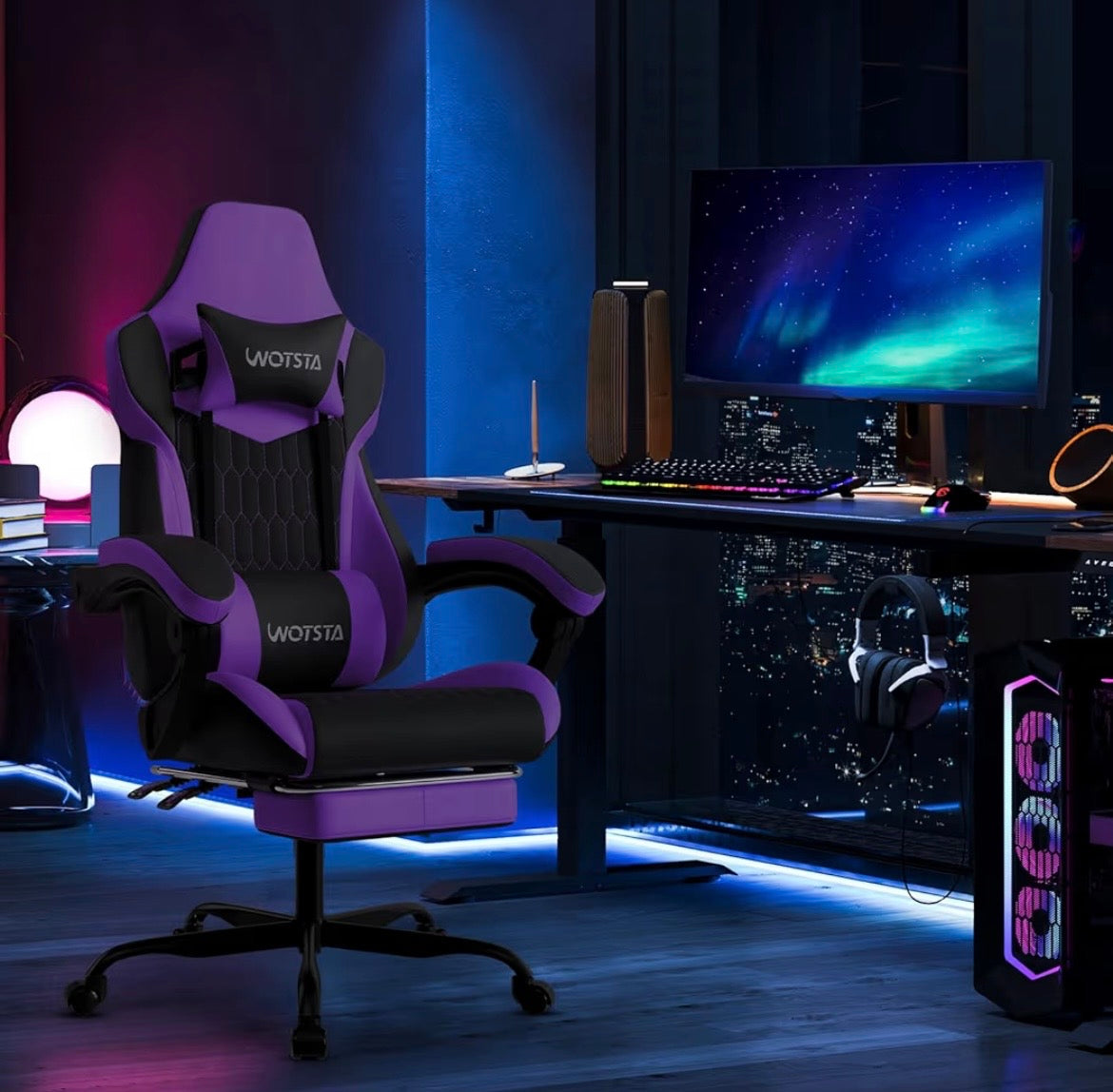 (Purple) WOTSTA Gaming Chair with Footrest