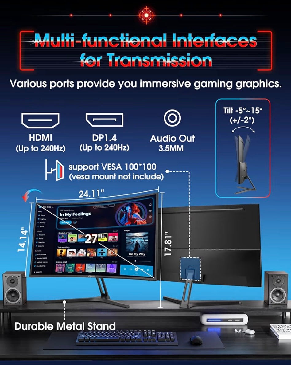 SANSUI 27 Inch Curved 240Hz Gaming Monitor