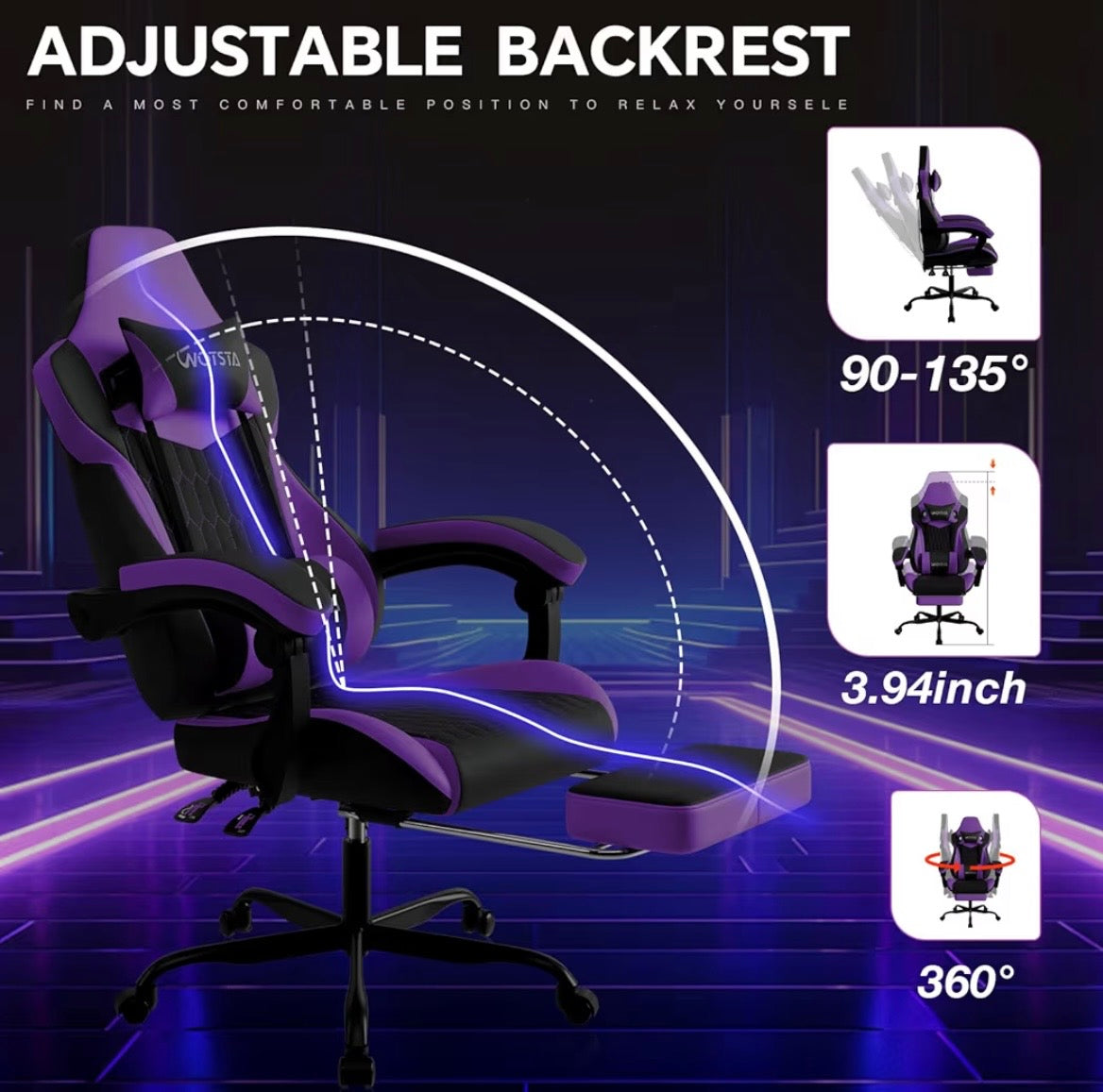 (Purple) WOTSTA Gaming Chair with Footrest